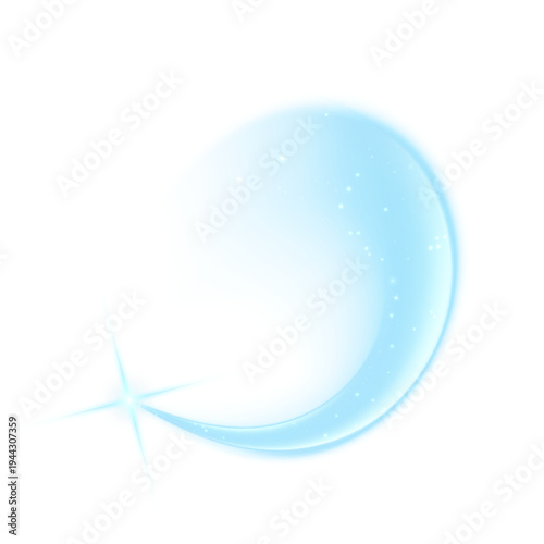 A glowing blue crescent moon with a soft gradient, starlight and sparkling particles. A dreamy glowing arc for white and dark backgrounds.