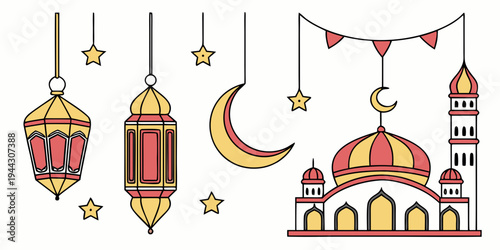 Colorful islamic lanterns and mosque illustration with crescent and star decorations