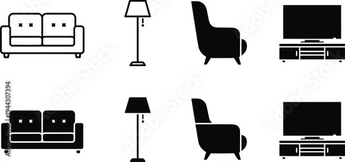 Editable outline icons of furniture and home decor customizable design elements