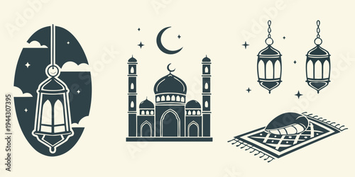 A collection of islamic symbols including a mosque, crescent moon, star, and prayer mat