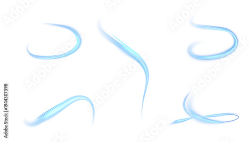 A set of glowing blue light trails with smooth swirling curves and a soft luminous aura. Abstract motion elements for futuristic overlays on light and dark backgrounds.