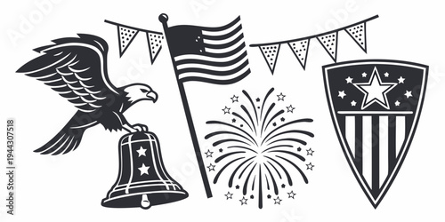 Patriotic symbols including an eagle, flag, fireworks, bell, and shield