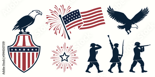 American patriotic symbols including bald eagle, flag, and military silhouettes