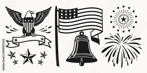 Patriotic symbols including an eagle, flag, stars, and a bell with fireworks.