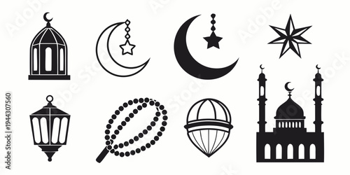 Assorted islamic religious symbols and objects including a mosque, crescent, star, and prayer beads