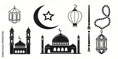 Islamic architecture and symbols including a mosque, crescent moon, lanterns, and prayer beads