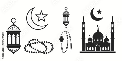 Islamic symbols including a mosque, crescent moon, star, lantern, beads, and a prayer rug