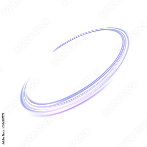 A glowing light arc with a soft purple-blue gradient and smooth elliptical motion. A glowing isolated curve on a white background for futuristic overlays.