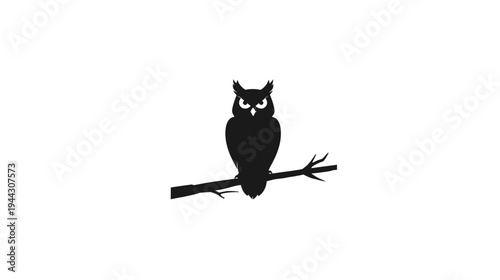 Silhouetted, frontal view of an owl, perched on a branch, set against a plain white background