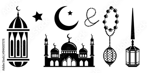Islamic architecture and symbols including a mosque, minarets, and crescent moon