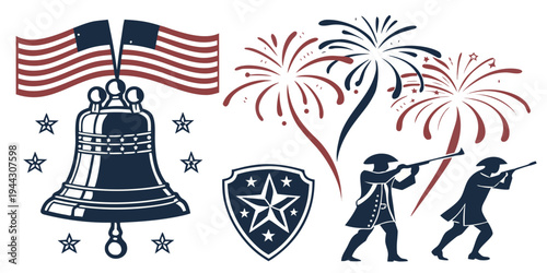 Illustration of the liberty bell, american flag, fireworks, and a soldier saluting