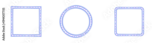 Glowing blue frames with square, round, and rounded rectangular shapes. Glowing neon borders on a transparent background for interface design, digital overlays.