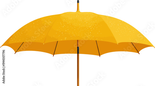 A vibrant yellow umbrella, open, with raindrops, against a clean white background