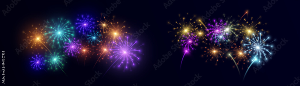 Fototapeta premium Colourful, glowing fireworks burst into sparkling trails and festive light effects against a dark background. A bright, festive composition for banners and party designs.