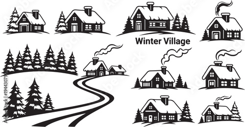 Winter Village Scene with Houses and Snowy Trees Illustration