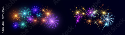 Colourful, glowing fireworks burst into sparkling trails and festive light effects against a dark background. A bright, festive composition for banners and party designs.