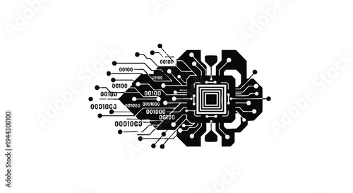 Circuit board, microchip, electronic components, black and white, technology vector illustration