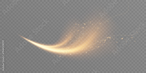 A glowing golden light with sparkling particles and flowing luminous lines on a transparent background. An elegant, magical trail effect for festive overlays.
