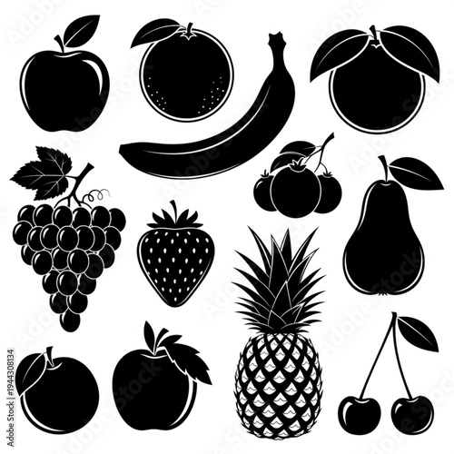 Assorted Fruits in Black Silhouette.