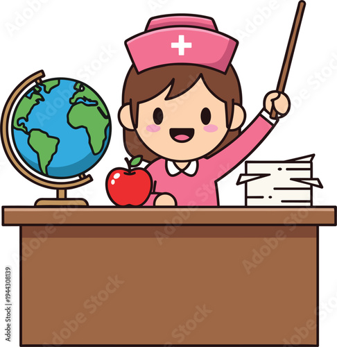 Cute Cartoon Nurse Teacher Character Teaching with Globe, Apple and Pointer at Desk, Education and Healthcare Mascot Vector Illustration