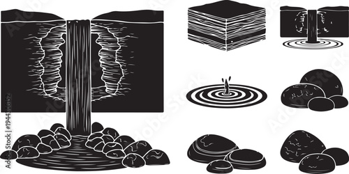 Black and white illustration of waterfall and stones series