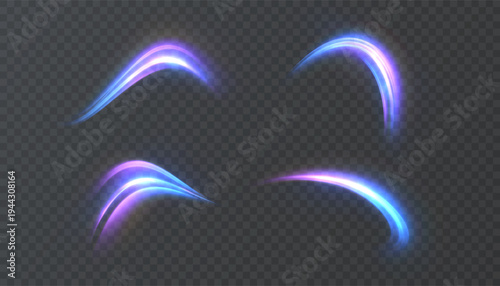 A set of vibrant swirls of blue and purple light trails with vibrant shimmer. Vector light effects for design and illustrations, isolated on a dark background.