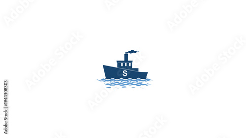 A simple, dark blue boat on stylized waves, a small ship illustration, white background