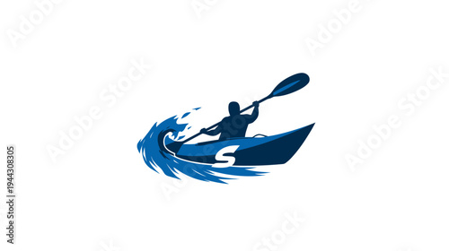Silhouette of a kayaker paddling through a wave, simple blue color design on white background