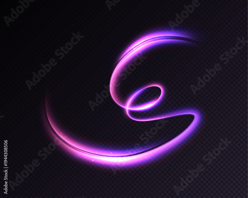 A vivid swirling effect of a purple light trail with bright flickers and glare. A vector light effect for design and illustrations, isolated on a dark background.

