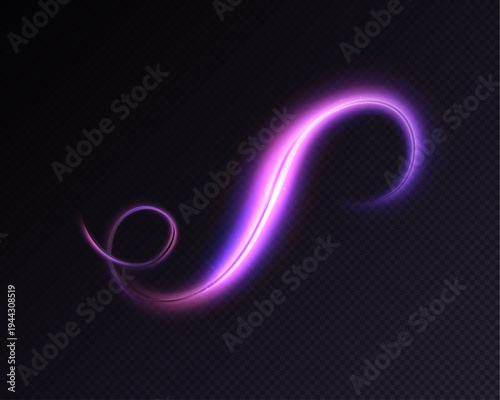 A vivid swirling effect of a purple light trail with bright flickers and glare. A vector light effect for design and illustrations, isolated on a dark background.
