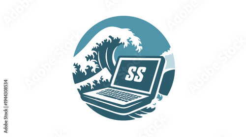 A stylized illustration depicting a laptop integrated with waves within a circular backdrop