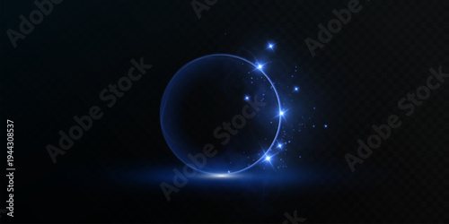 A magical background with a bright neon circle, flickering sparks and glowing light particles.