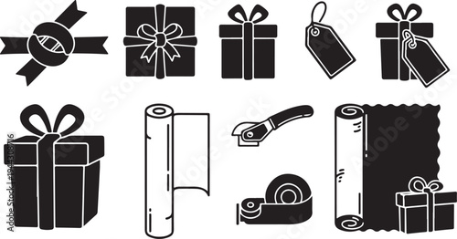 Black and white gift wrapping icons and accessories collection