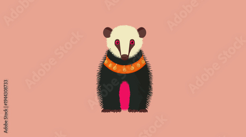 A stylized illustration of a badger with a black and white face and body, adorned with trinkets