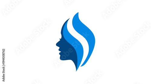 Stylized side profile of a woman's face within a flame-shaped design with blue and white gradients
