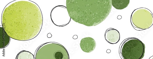 Abstract composition of overlapping green circles with varying shades and sketched outlines