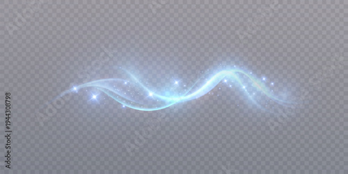 A wavy, bright stream of blue light rays with lots of glittering light dust. A magical light effect. Vector.