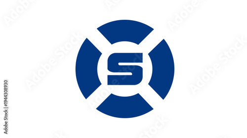 A dark blue geometric logo design featuring a capital "S" within a blue ring with four white cutouts