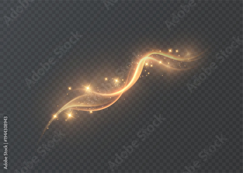 A golden magical comet with lots of sparkling dust and shimmering light effects. A magical golden wind for web design and stunning typography. Vector.