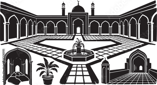 Black and white illustration of a serene courtyard scene