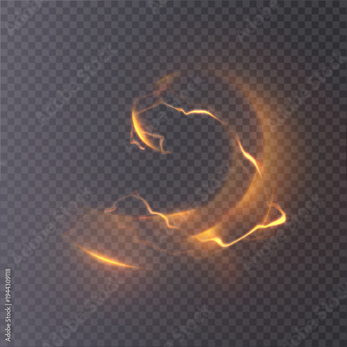 Glowing orange energy swirl with fiery circular trail and sparks in dynamic motion. Abstract plasma effect for game interfaces, magic scenes, overlays and digital design.
