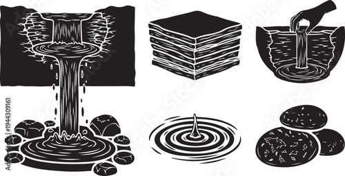 Black and white illustrations of water and stone elements