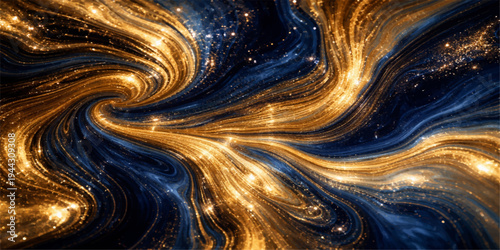 Abstract golden fractal background with stars featuring a 3d liquid metal texture and flowing blue waves in a swirling motion of molten light