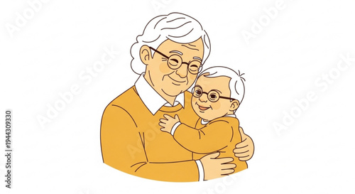 Elderly man hugging a child both smiling and wearing glasses warm clothing affectionate moment family love senior and kid heartwarming scene bonding
