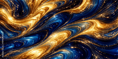 Artistic blue liquid flow and golden metallic fractal swirls create a textured abstract wallpaper design with a wave pattern on a light surface backdrop