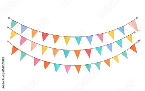 Three strings of colorful triangular flags, suspended by string against a white background