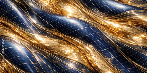 A harmonious fusion of innovative solar panel grids intermingle with the radiant flowing liquid gold, creating an elegant visual experience that merges technology and opulence.