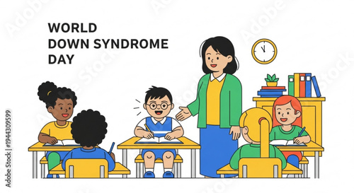 World down syndrome day illustration with diverse kids and teacher in classroom setting