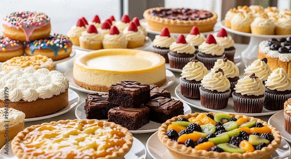 Fototapeta premium A delightful assortment of freshly baked cakes, pies, brownies, and donuts showcasing a variety of sweet treats perfect for any occasion