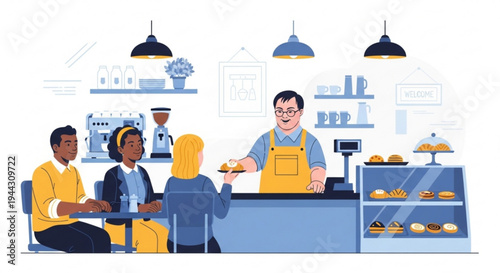 Cafe scene with diverse customers and server people sitting at table enjoying food and drink in restaurant